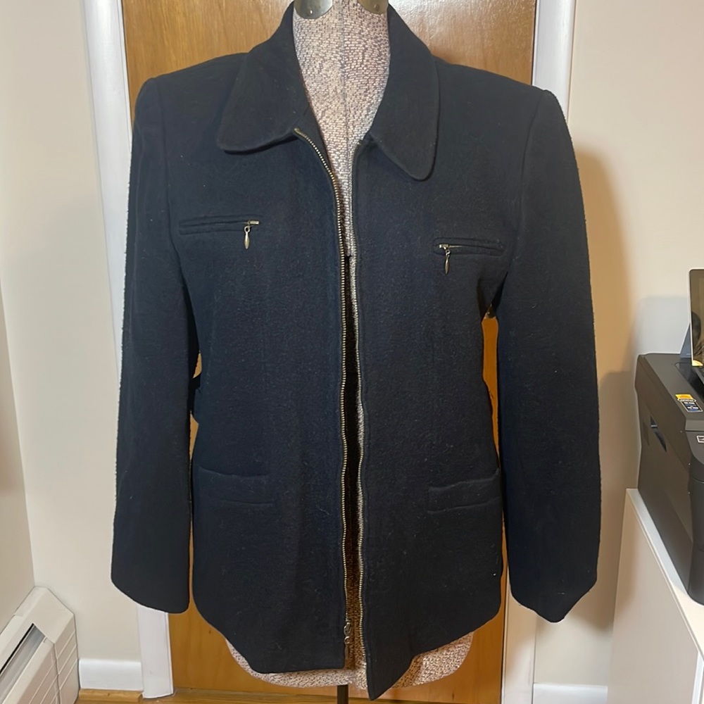 B. Moss Womens Large Zip Up Black Jacket with Pockets Wool Blend